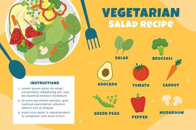 Vetor receita de salada vegetariana desenhada à mão