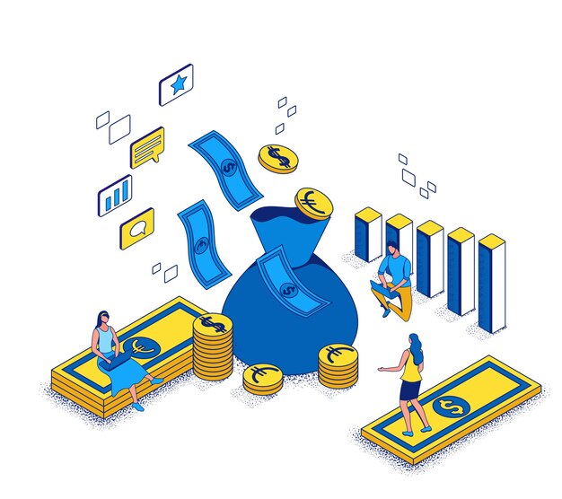 Receita no conceito de gastos com publicidade, retorno do investimento da campanha de marketing ilustração isométrica 3D, executivos analisam relatório de publicidade, histórico de sucesso financeiro