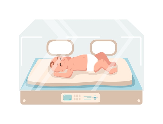 Recém-nascido encontra-se dentro da unidade de terapia intensiva neonatal, isolada no fundo branco. criança prematura dormindo na caixa de vidro da incubadora. berçário do bebê. ilustração colorida em estilo cartoon plana