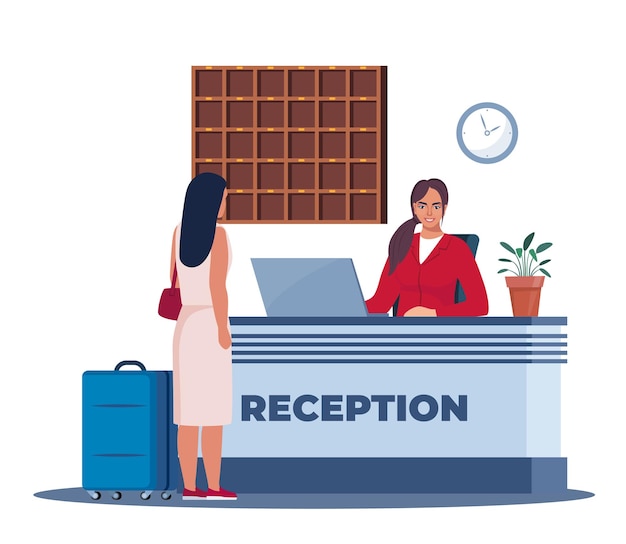 Recepção do lobby do hotel Mulher recepcionista atrás da secretária convidado com bagagem fazendo o check-in