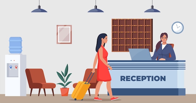 Recepção do lobby do hotel Mulher recepcionista atrás da secretária convidado com bagagem fazendo o check-in