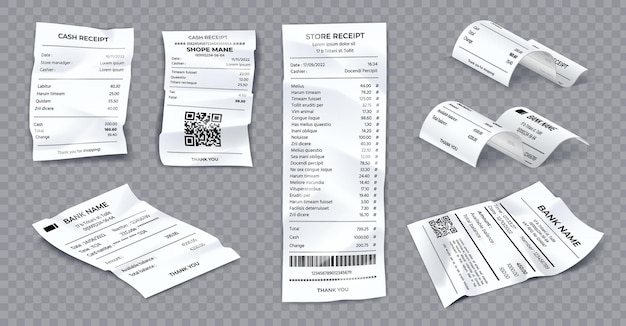 Recibos de loja e bancos enrolados, curvos e amassados realistas. Conta de pagamento do Livro Branco. Venda impressa de supermercado, conjunto de vetores de cheque de dinheiro 3D. Ilustração de papel amassado financeiro