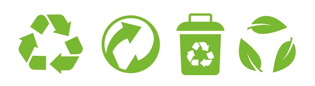 Recicle o conjunto de ícones do vetor. setas, lata de lixo e folha reciclam o símbolo verde eco. ângulos arredondados.