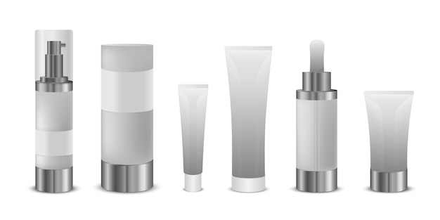Recipiente cosmético em branco 3d. conjunto de frascos cosméticos brancos e realistas