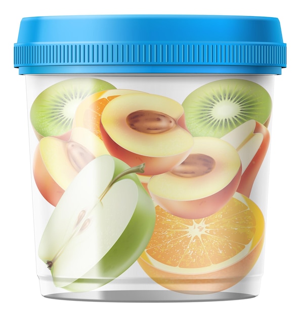 Vetor recipiente de alimentos com produtos caixa de círculo de plástico realista pedaços de frutas pêssego e maçã frescos meias partes de laranja kiwi suculento e pêra embalagem com tampa fechada embalagem 3d vetor