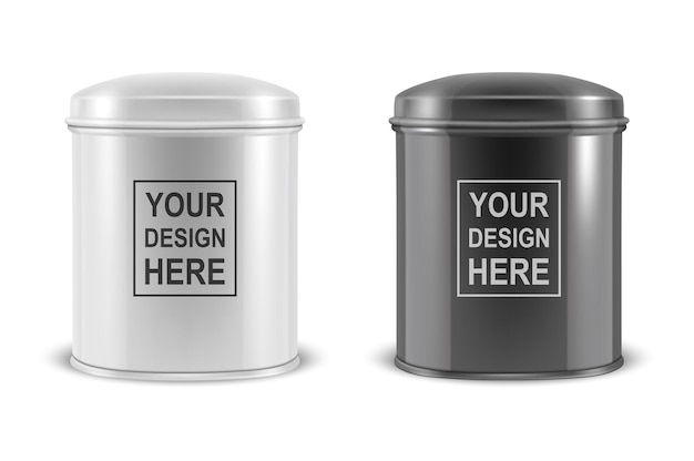 recipiente de lata de chá de alumínio de metal branco e preto em branco 3d realista com conjunto de ícones de tampa isolado