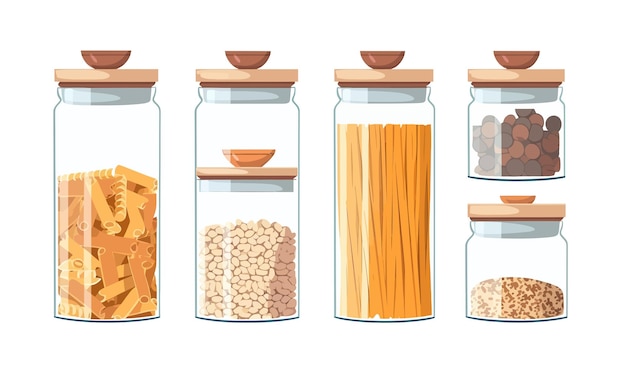 Recipientes de armazenamento de vidro com produtos alimentares secos Isolados no fundo branco Ilustração de desenho vetorial