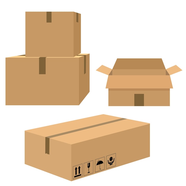 Vetor recipientes de caixa de entrega ou caixas de correio set caixa com sinais frágeis conjunto de maquete de caixa de papelão open