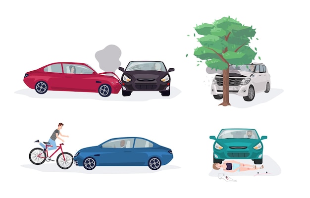 Vetor recolha de diferentes situações de acidentes rodoviários. acidente de viação com carro, árvore, bicicleta e patinador. conjunto de ilustração vetorial colorida.