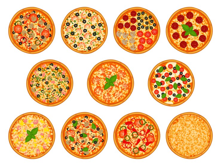 Recolha de pizza com vários ingredientes.