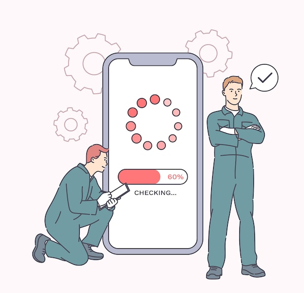 Recondicionamento de aparelhos eletrônicos, manutenção de telefones. Trabalhadores que consertam smartphone em serviço de gadget. Resolução de problemas e manutenção de celular por reparo.