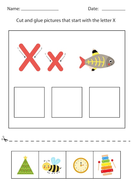 Reconhecimento de letras para crianças. corte e cole. letra x.