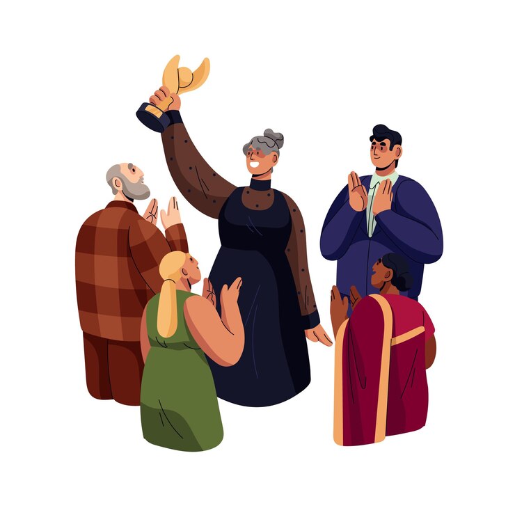 Vetor reconhecimento e reconhecimento de conquistas excelente idosa sênior com recompensa e apreciação respeito elogio de pessoas ilustração em vetor gráfico plano isolada no fundo branco