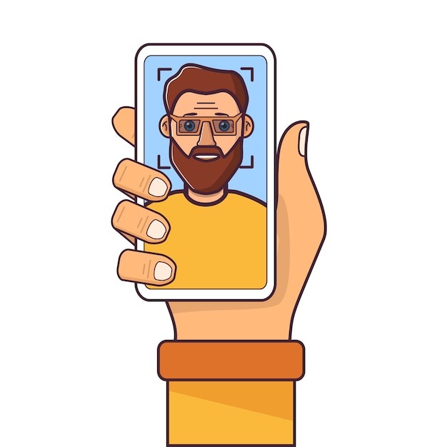 Reconhecimento facial. Identificação de rosto. Mão humana segurando o smartphone. Homem jovem com uma barba.