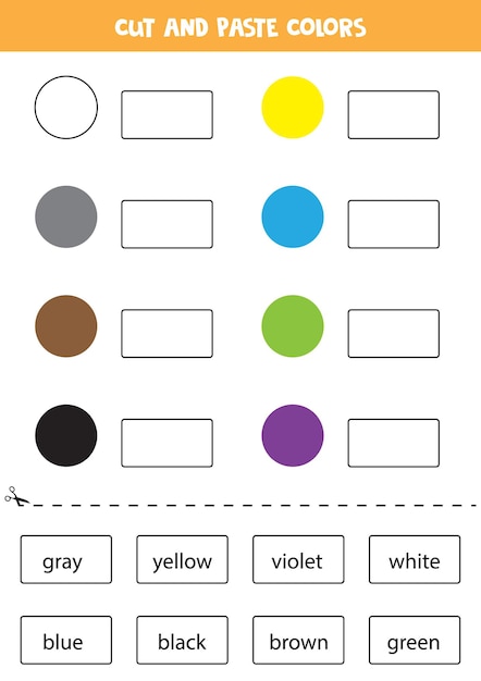 Recorte nomes de cores e cole-os. planilha para crianças.