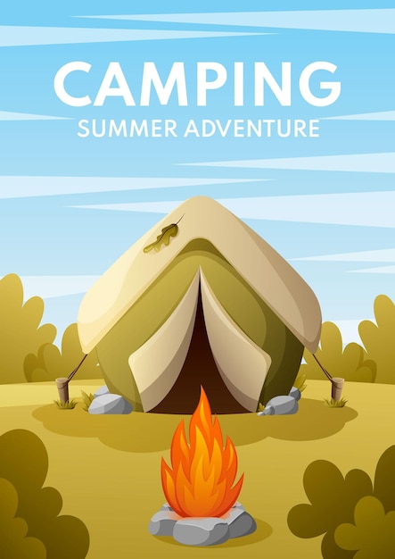 Recreação ao ar livre do panfleto de aventura de verão de acampamento com ilustração vetorial de fogueira de tenda