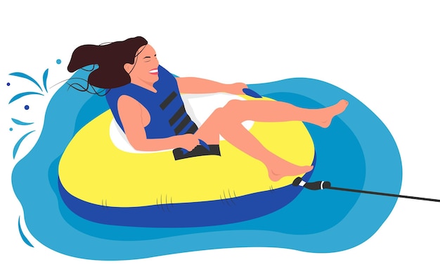 Vetor recreação ativa na águaa menina anda na montanha-russa inflávelilustração vetorialplano