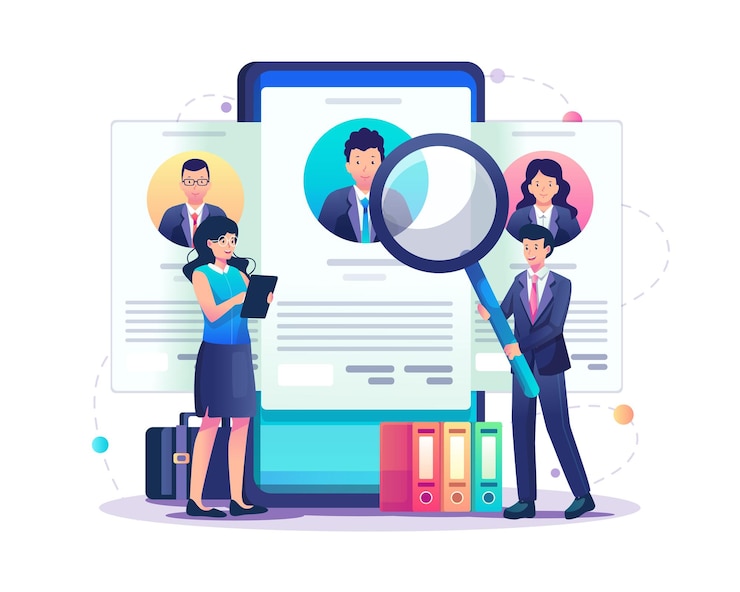 Vetor recrutamento online com um empresário à procura de novos funcionários em uma ilustração de smartphone