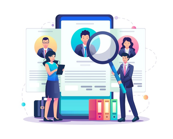 Vetor recrutamento online com um empresário à procura de novos funcionários em uma ilustração de smartphone
