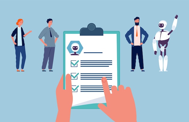 Recrutamento. Robô e pessoas, candidatos a emprego. As mãos seguram retomar a contratação de ilustração vetorial de funcionários. Competição em equipe, contratar trabalho robótico