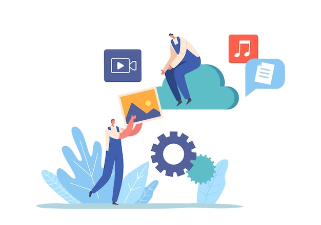 Recuperação de armazenamento de dados e conceito de backup Personagens de trabalhadores Restaurar arquivos de mídia em armazenamento em nuvem no servidor virtual