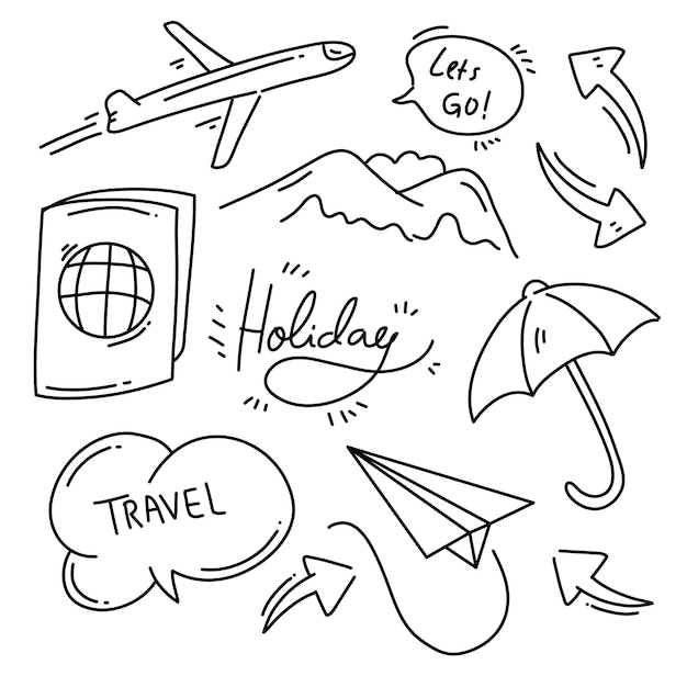 Recursos de viagem doodle set vector design