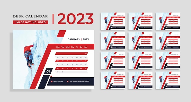 Red desk calendar 2023, modelo para calendário anual 2023, 12 meses incluídos