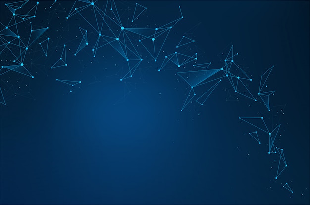 Rede de conexões abstratas com pontos e linhas sobre fundo azul.