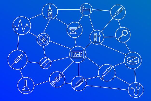 Rede de ícones médicos conectada isolada em fundo azul