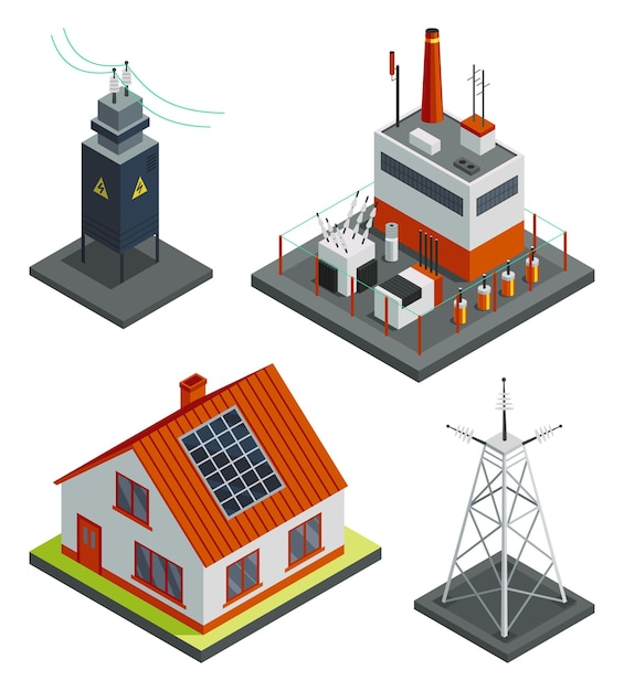 Vetor rede elétrica de energia isométrica distribuição de energia com vento da casa da família e torres de rede elétrica de alta tensão transformador elétrico rede de transmissão elétrica fornecendo fornecimento de energia