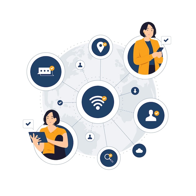 Rede social conexão global comunicação empresarial mundial cooperação em todo o mundo comunidade e trabalho em equipe usando a ilustração do conceito de conexão com a internet