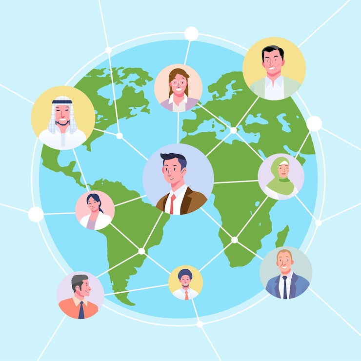 Vetor rede social de conceito de design plano povos se conectando ao redor do mundo com ícone de linha e avatar