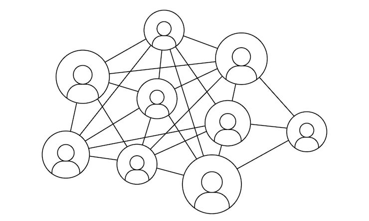 Vetor rede social desenhada à mão rede de avatares conectados por linhas doodle style vector