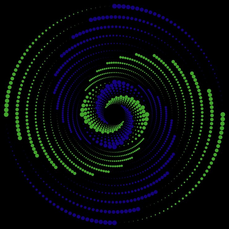 Vetor redemoinho de bolas verdes azuis abstratas em espiral girando e torcendo linhas