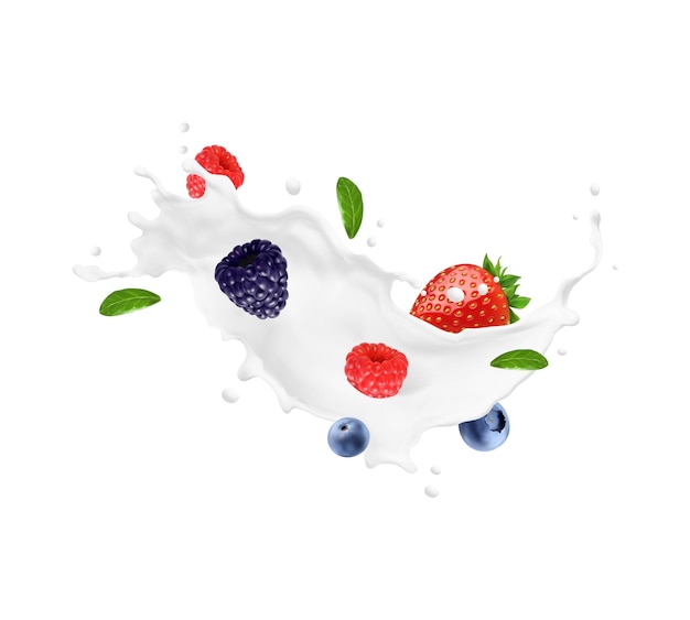 Redemoinho de leite para bebida de iogurte e respingo de onda com frutas vermelhas