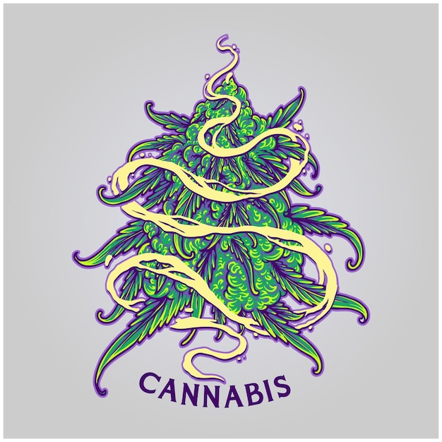 Redemoinhos de efeito de fumaça de cannabis com ilustração de desenho animado de logotipo de planta de folha de erva daninha