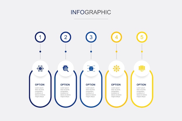 Redes neurais de aprendizagem profunda ia ícones autônomos de centro de dados modelo de design de infográfico conceito criativo com 5 etapas