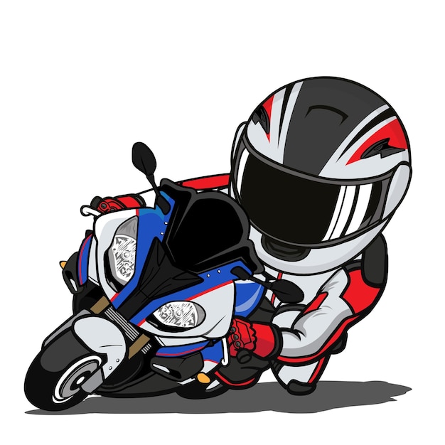 Redwhite racer riding sport motorcycle lead in curve with speed cartoon mascot