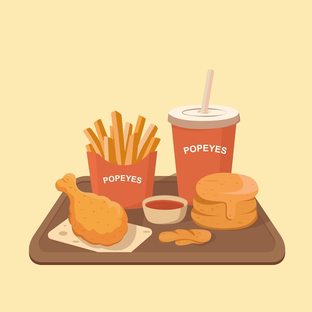 Refeição de frango Popeyes com batatas fritas, biscoitos soda e molho