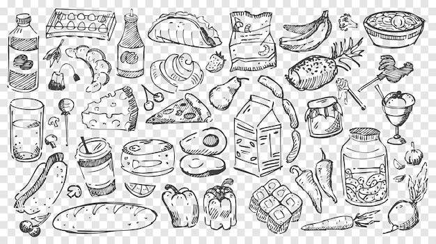 Refeição desenhada à mão doodles conjunto. coleção de lápis ou giz desenhando esboços de diferentes tipos de alimentos, frutas e vegetais em fundo transparente. ilustração de nutrição saudável e junk food.