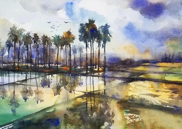 Reflexão da natureza campestre com pintura de paisagem em aquarela