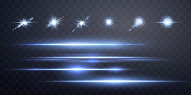 Reflexo de lente azul isolado em fundo escuro flash de sol com holofotes de raios efeito de luz de reflexo de brilho azul ilustração vetorial