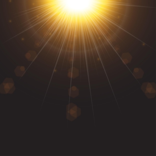 Reflexo de lente com raio de luz solar brilhante em fundo escuro. raio de luz solar cósmico com reflexo de lente brilhante. efeito de luz de reflexo de lente especial de luz solar de vetor. sol flash com raios e holofotes brilhantes.