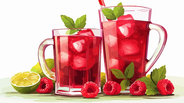 Vetor refrescante mojito de framboesa beber em copos e jarro na mesa branca