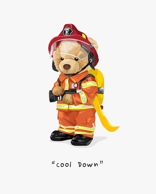 Vetor refresque o slogan com a boneca de urso na ilustração vetorial de uniforme de resgate de bombeiro