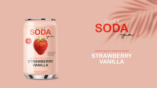 Refrigerante em lata metálica com frutas de morango, lata rosa realista 3D, bebida de verão, design de embalagem