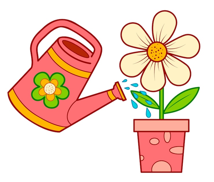 Vetor regador bonito e desenho de flores. ilustração em vetor regador e clipart de flores