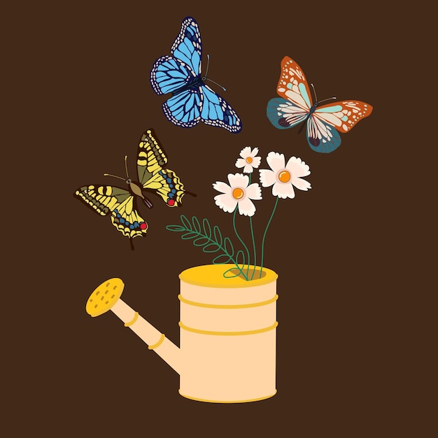 Regador de jardim bonito com flores e borboletas em um fundo escuro. impressão de primavera desenhada à mão
