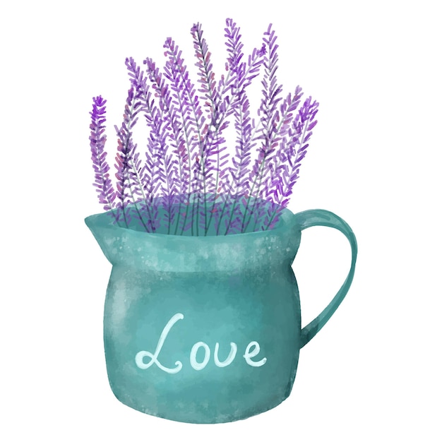 Regador de vaso vetorial desenhado à mão com lavanda na decoração aconchegante estilo provence