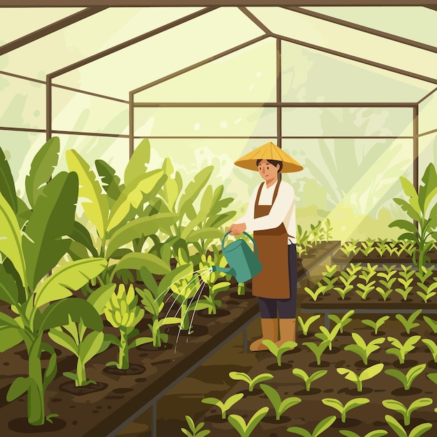Regar as plantas na estufa com luz solar e vegetação exuberante